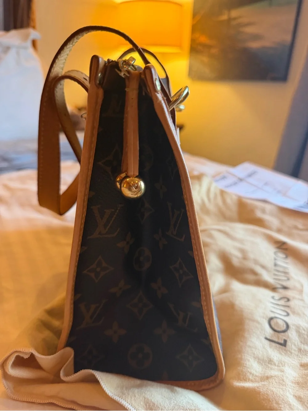 Louis Vuitton Brown Monogram Canvas Tote with Tan Leather Handles